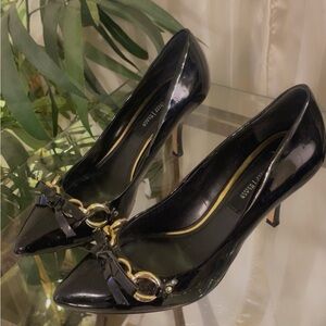 White House Black Market Glossy Black Heels with Gold Details